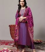 Women Zari Embroidered Yoke Geometric Jacquard Kurta with Trouser & Dupatta