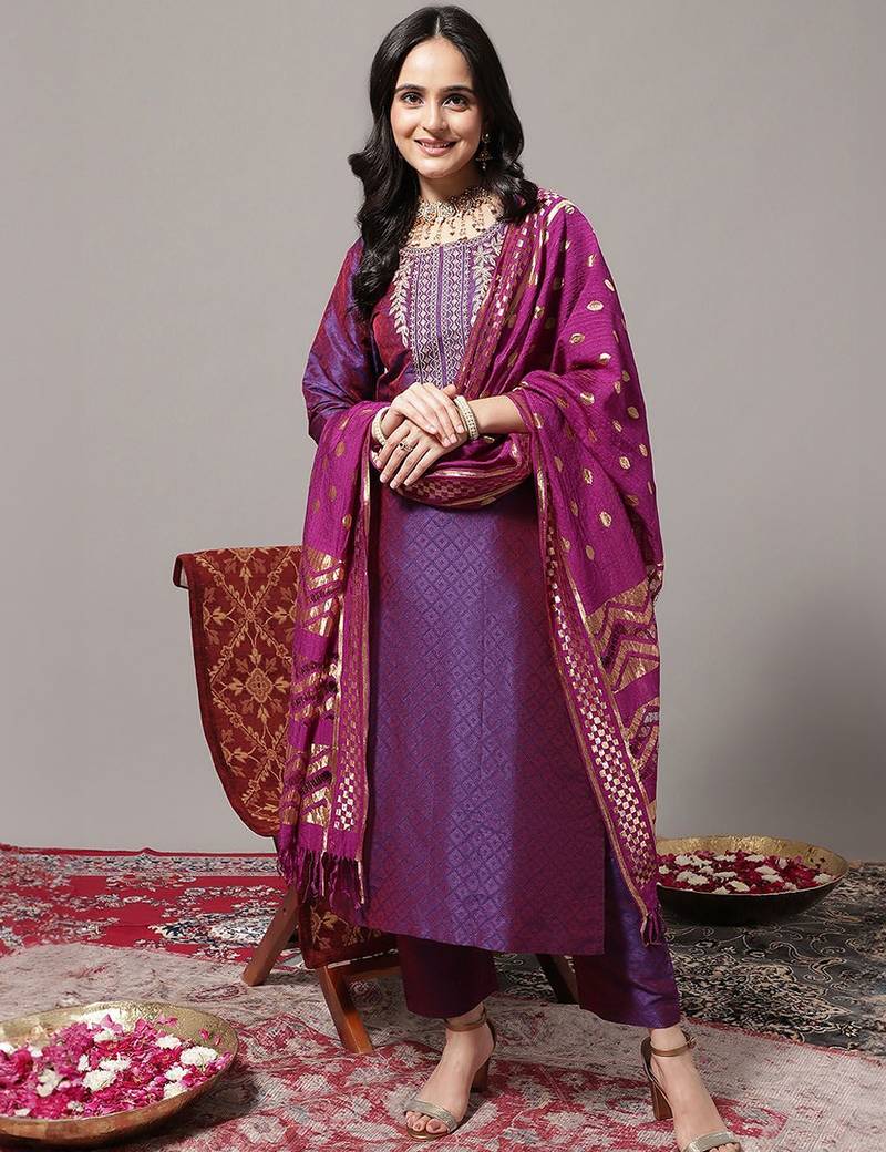 Women Zari Embroidered Yoke Geometric Jacquard Kurta with Trouser & Dupatta