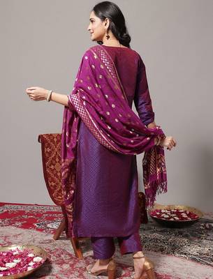 Women Zari Embroidered Yoke Geometric Jacquard Kurta with Trouser & Dupatta 6