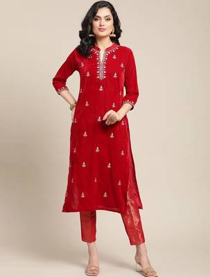 Women Red Floral Embroidered Regular Thread Work Velvet Kurta with Trousers 1