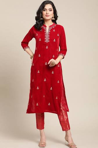 Women Red Floral Embroidered Regular Thread Work Velvet Kurta with Trousers