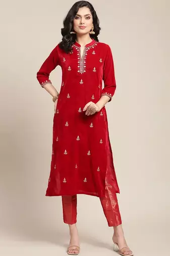 Women Red Floral Embroidered Regular Thread Work Velvet Kurta with Trousers