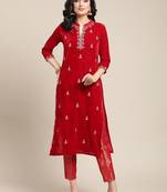 Women Red Floral Embroidered Regular Thread Work Velvet Kurta with Trousers