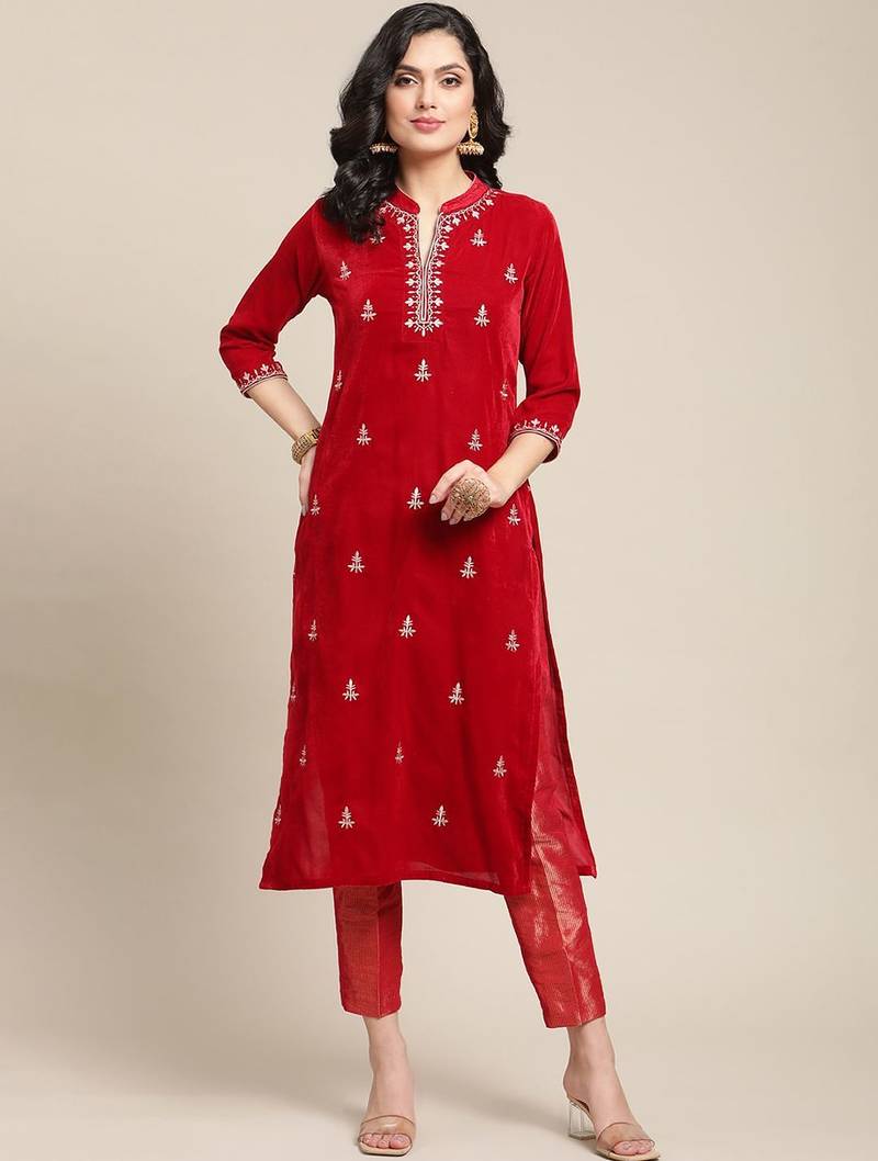 Women Red Floral Embroidered Regular Thread Work Velvet Kurta with Trousers