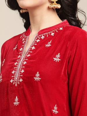 Women Red Floral Embroidered Regular Thread Work Velvet Kurta with Trousers 2