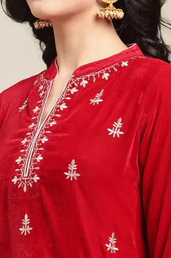 Women Red Floral Embroidered Regular Thread Work Velvet Kurta with Trousers