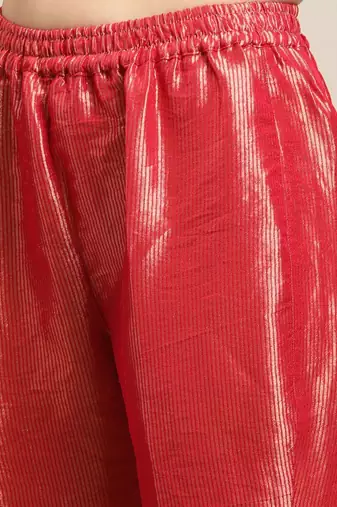 Women Red Floral Embroidered Regular Thread Work Velvet Kurta with Trousers