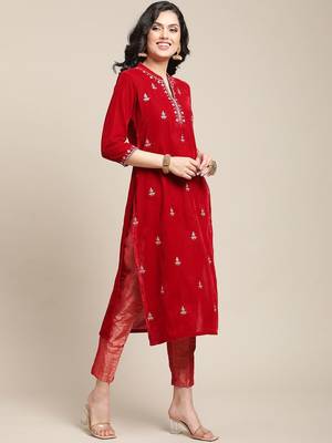 Women Red Floral Embroidered Regular Thread Work Velvet Kurta with Trousers 4
