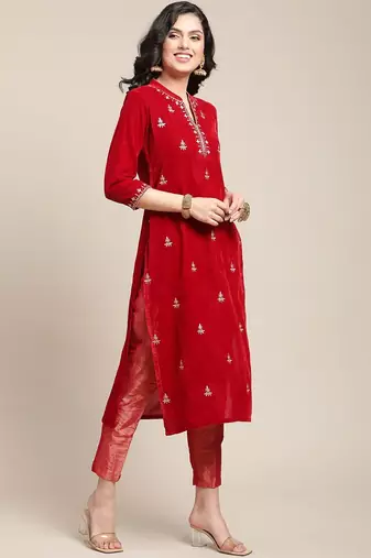 Women Red Floral Embroidered Regular Thread Work Velvet Kurta with Trousers