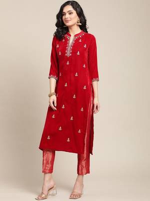 Women Red Floral Embroidered Regular Thread Work Velvet Kurta with Trousers 5