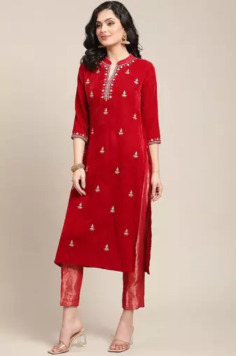 Women Red Floral Embroidered Regular Thread Work Velvet Kurta with Trousers
