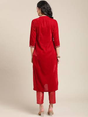 Women Red Floral Embroidered Regular Thread Work Velvet Kurta with Trousers 6