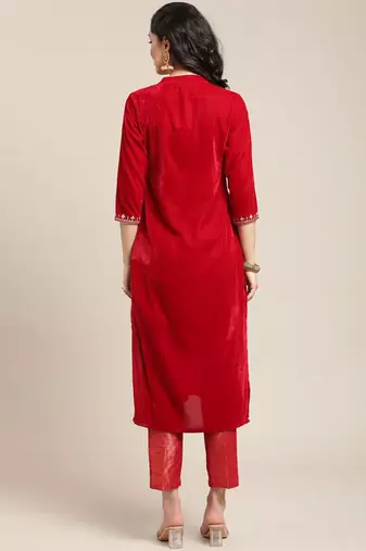 Women Red Floral Embroidered Regular Thread Work Velvet Kurta with Trousers