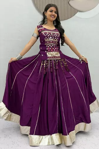 Plum lampi bordar & ribbon work Cotton Navratri Lahenga Choli