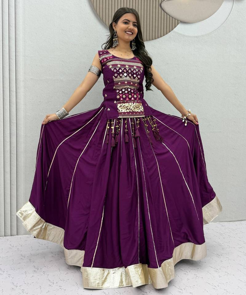 Plum lampi bordar & ribbon work Cotton Navratri Lahenga Choli