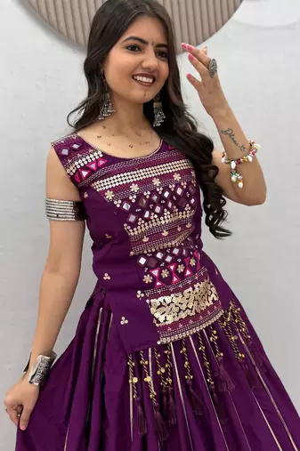 Plum lampi bordar & ribbon work Cotton Navratri Lahenga Choli