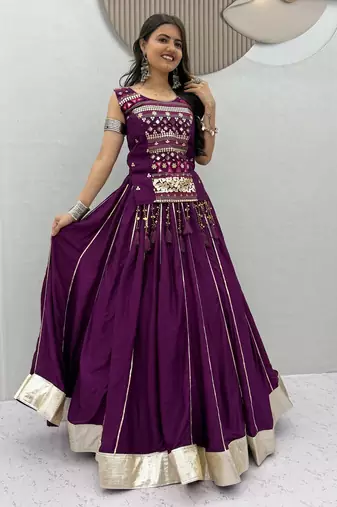 Plum lampi bordar & ribbon work Cotton Navratri Lahenga Choli