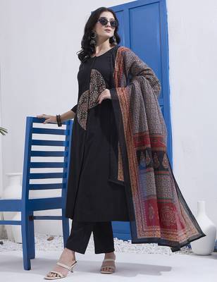 black cotton a line patch work kurta pant dupatta set 1