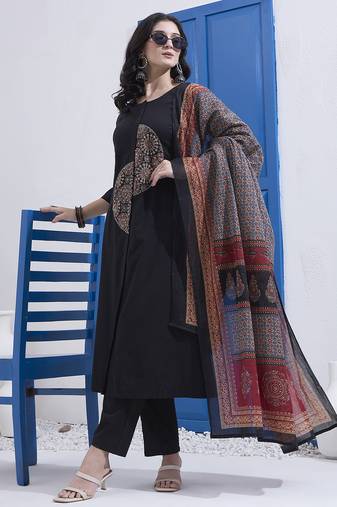 black cotton a line patch work kurta pant dupatta set
