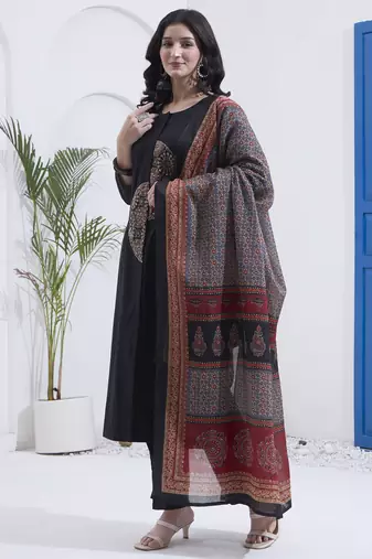 black cotton a line patch work kurta pant dupatta set