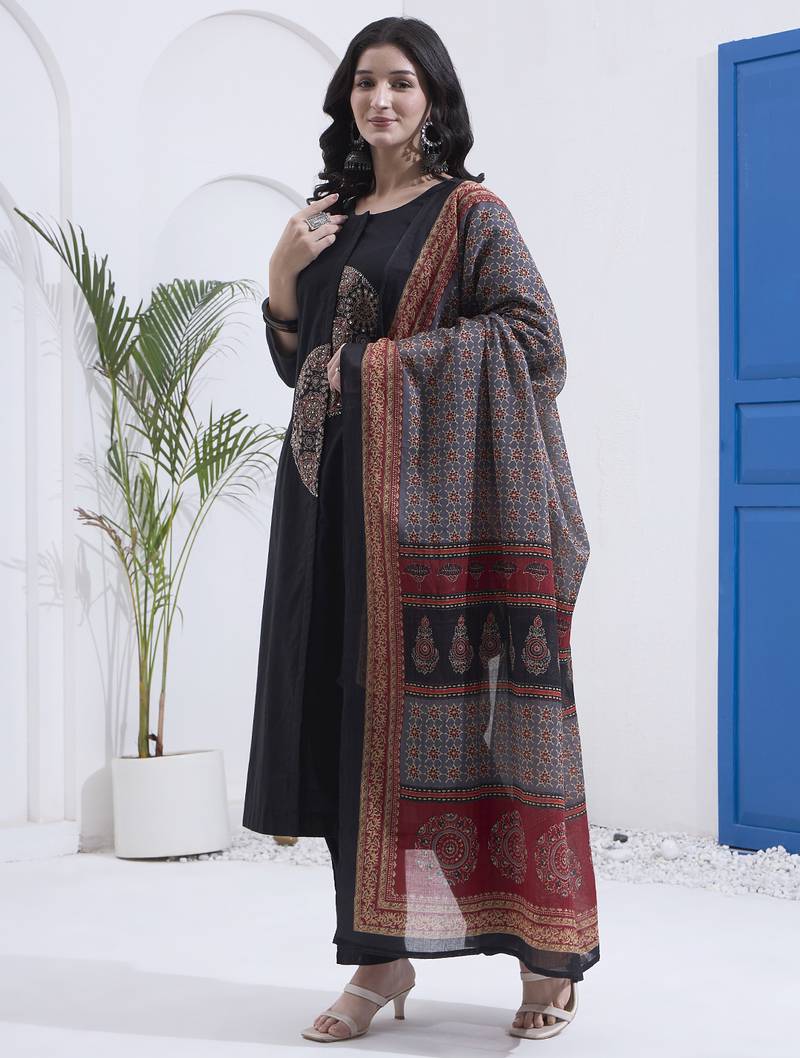 black cotton a line patch work kurta pant dupatta set