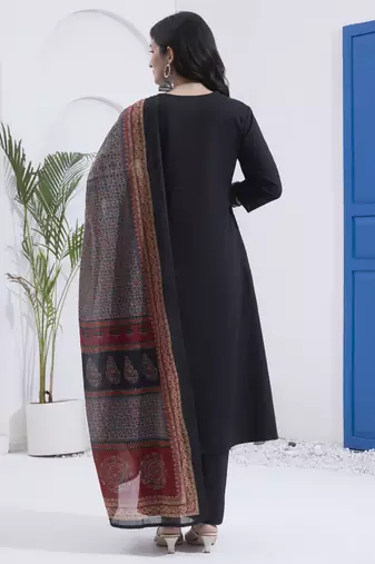 black cotton a line patch work kurta pant dupatta set