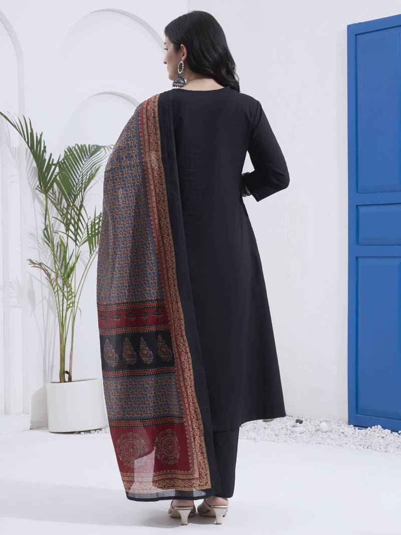 black cotton a line patch work kurta pant dupatta set