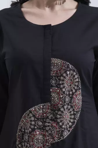 black cotton a line patch work kurta pant dupatta set