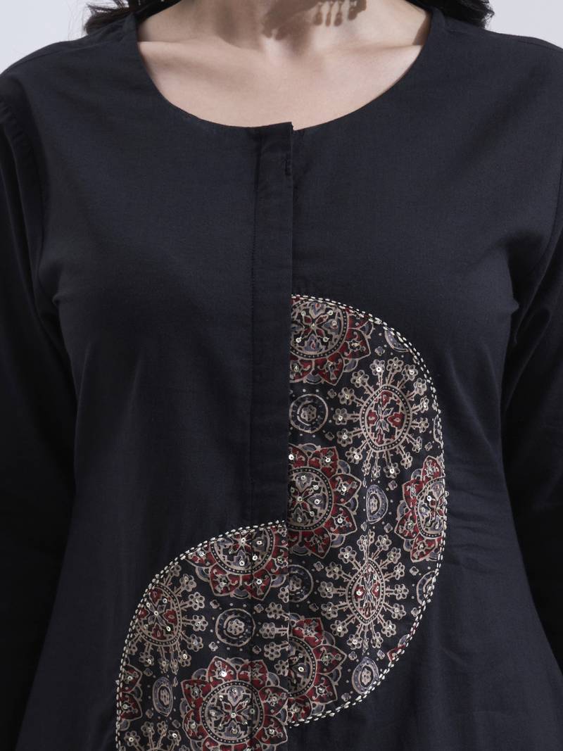 black cotton a line patch work kurta pant dupatta set