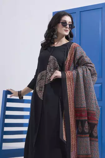 black cotton a line patch work kurta pant dupatta set