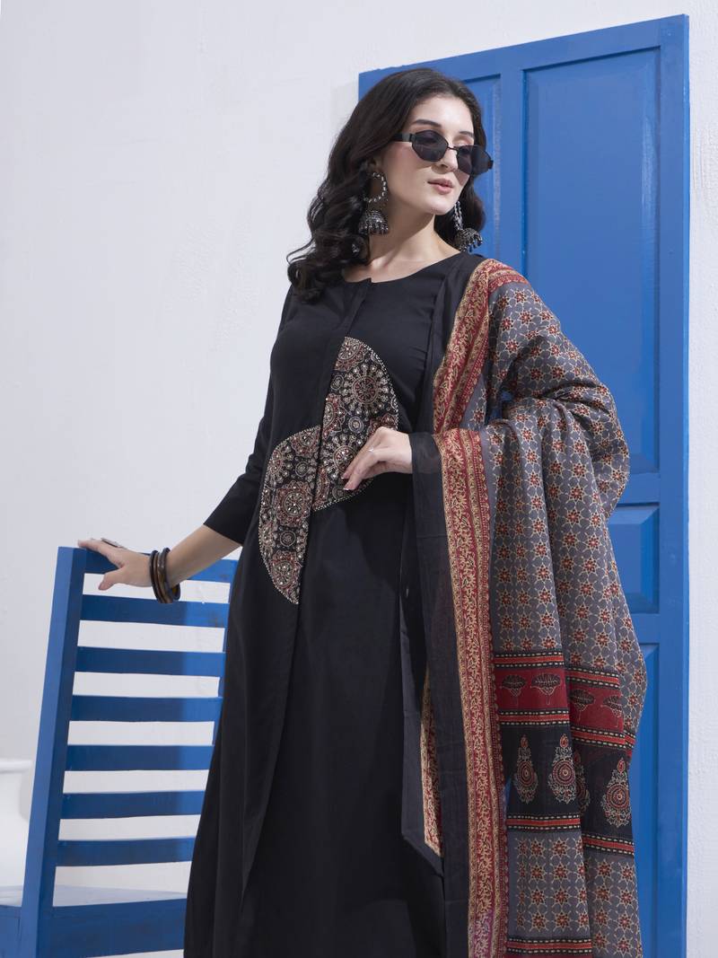 black cotton a line patch work kurta pant dupatta set