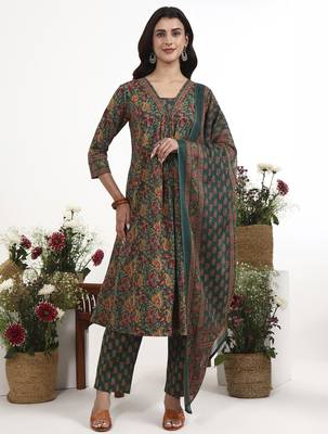 green cotton flared kurta pant dupatta set 1