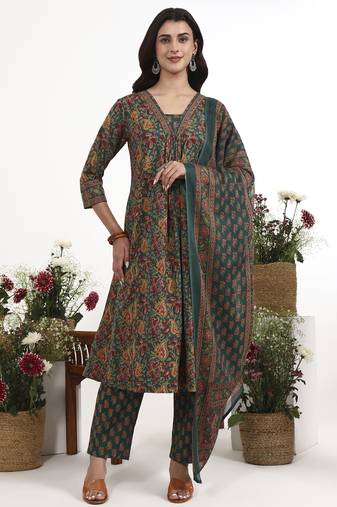 green cotton flared kurta pant dupatta set