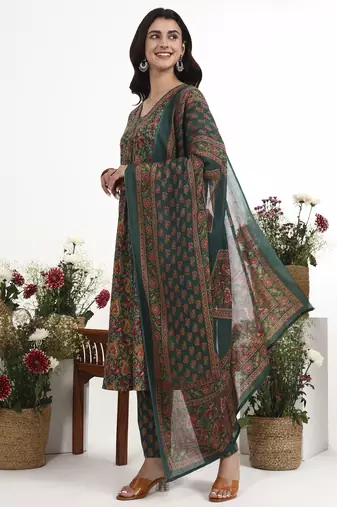 green cotton flared kurta pant dupatta set