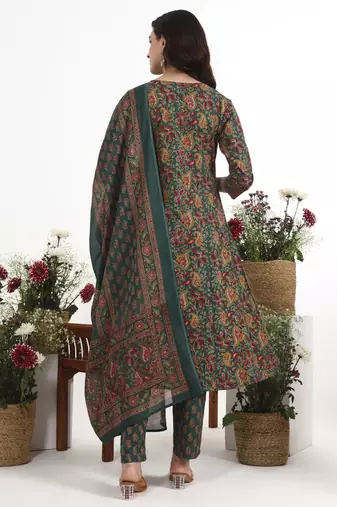 green cotton flared kurta pant dupatta set