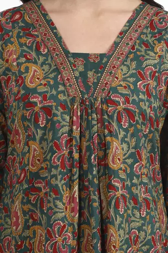green cotton flared kurta pant dupatta set