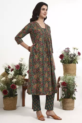 green cotton flared kurta pant dupatta set