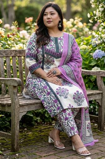 Yufta cotton yellow kurta dupatta set (plus size)