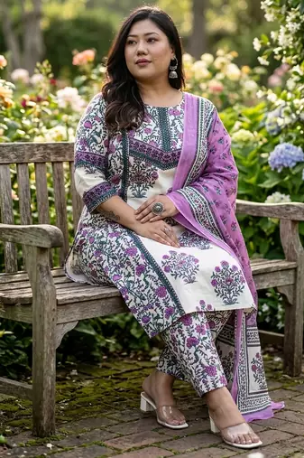 Yufta cotton yellow kurta dupatta set (plus size)
