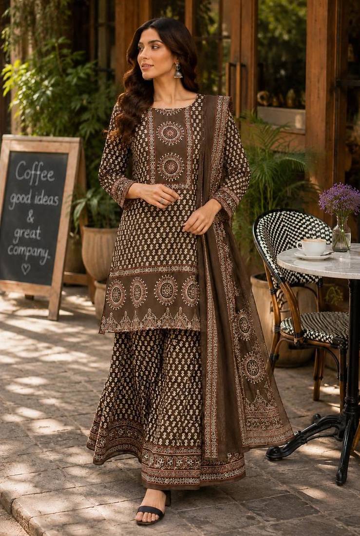 Cotton printed short kurti-palazzo pant-dupatta set