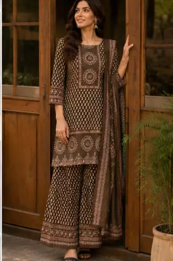 Cotton printed short kurti-palazzo pant-dupatta set