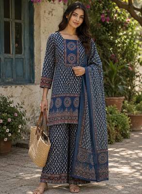 Cotton printed short kurti-palazzo pant-dupatta set 1