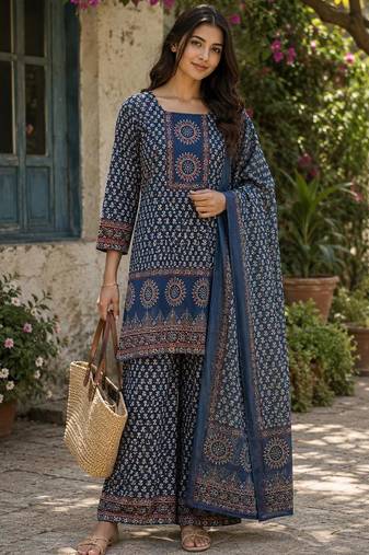 Cotton printed short kurti-palazzo pant-dupatta set