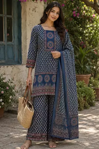 Cotton printed short kurti-palazzo pant-dupatta set