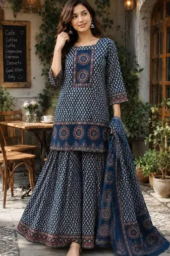 Cotton printed short kurti-palazzo pant-dupatta set