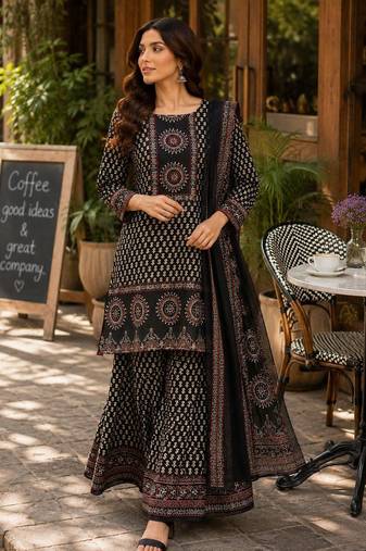 Cotton printed short kurti-palazzo pant-dupatta set