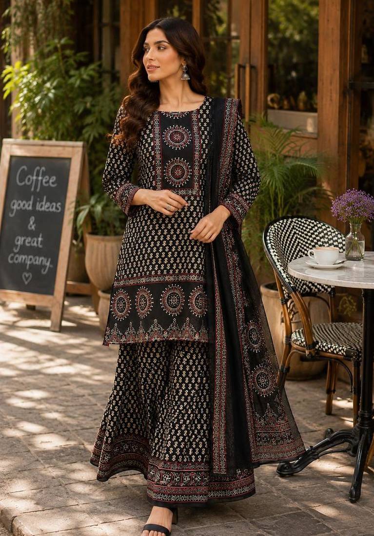 Cotton printed short kurti-palazzo pant-dupatta set
