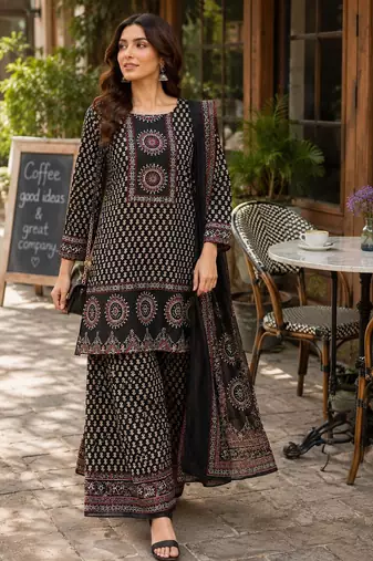 Cotton printed short kurti-palazzo pant-dupatta set