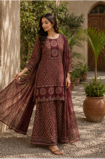 Cotton printed short kurti-palazzo pant-dupatta set