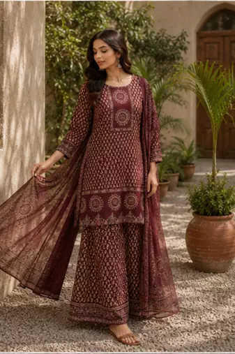 Cotton printed short kurti-palazzo pant-dupatta set